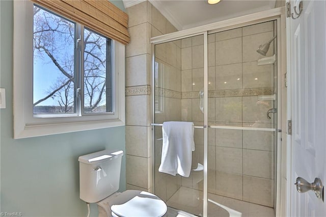 full bathroom featuring a shower stall, toilet, and ornamental molding