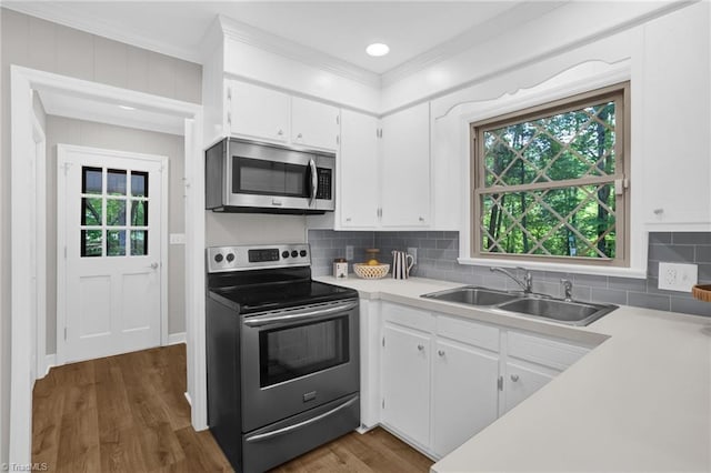2665 Kecoughtan Rd, Pfafftown, NC 27040 - kitchen featuring stainless steel appliances, a sink, white cabinetry, light countertops, and ornamental molding
