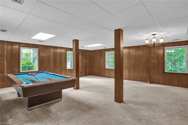 2665 Kecoughtan Rd, Pfafftown, NC 27040 - game room featuring healthy amount of natural light, wood walls, carpet floors, a chandelier, and pool table