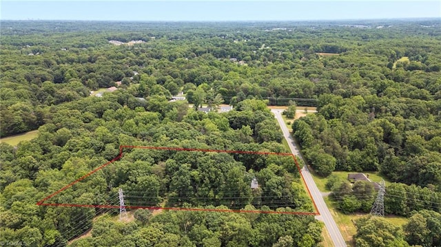 2665 Kecoughtan Rd, Pfafftown, NC 27040 - aerial view of property and surrounding area featuring a heavily wooded area and property boundaries highlighted