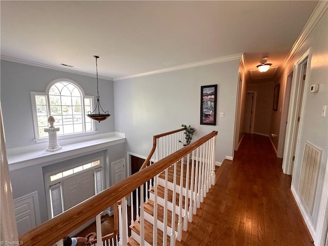 corridor featuring ornamental molding and dark hardwood / wood-style floors