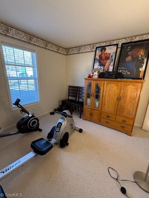 exercise room with light colored carpet