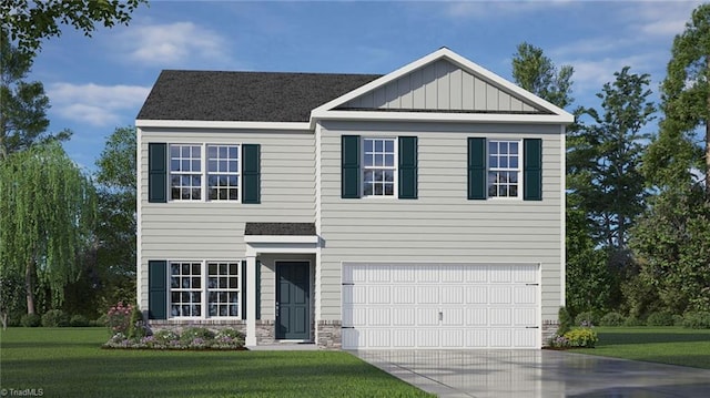 1529 String Dr, Winston-Salem, NC 27107 - view of front of home with concrete driveway, a front yard, board and batten siding, and an attached garage