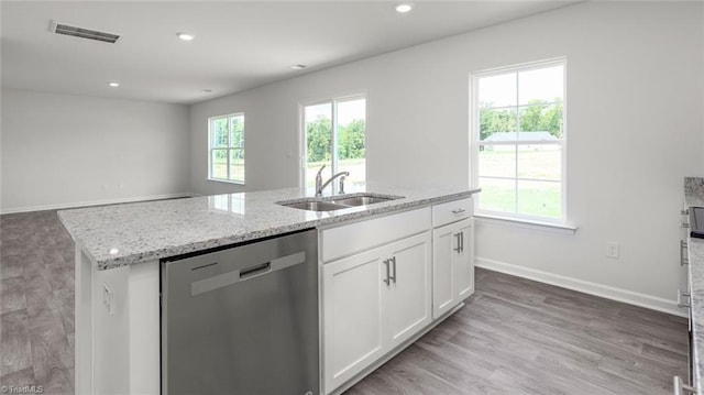 1529 String Dr, Winston-Salem, NC 27107 - kitchen with stainless steel dishwasher, a sink, light stone counters, a kitchen island with sink, and white cabinetry