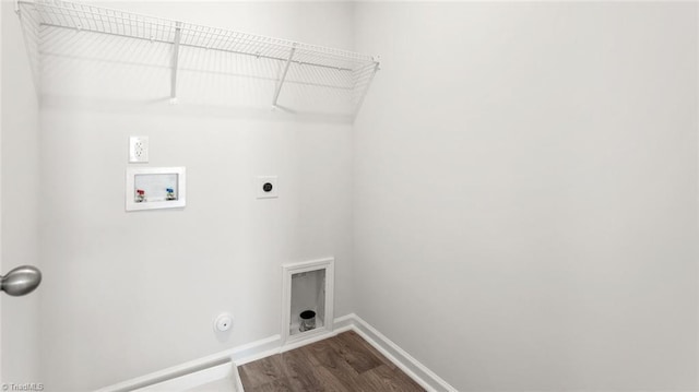 1529 String Dr, Winston-Salem, NC 27107 - laundry area with hookup for a washing machine, hookup for an electric dryer, dark wood-type flooring, baseboards, and gas dryer hookup