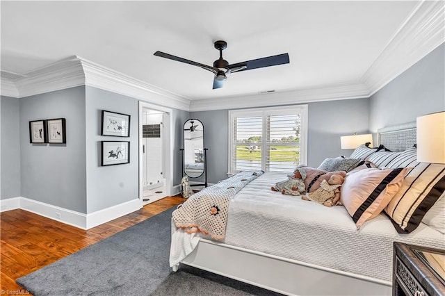 bedroom with ornamental molding, a ceiling fan, baseboards, and wood finished floors