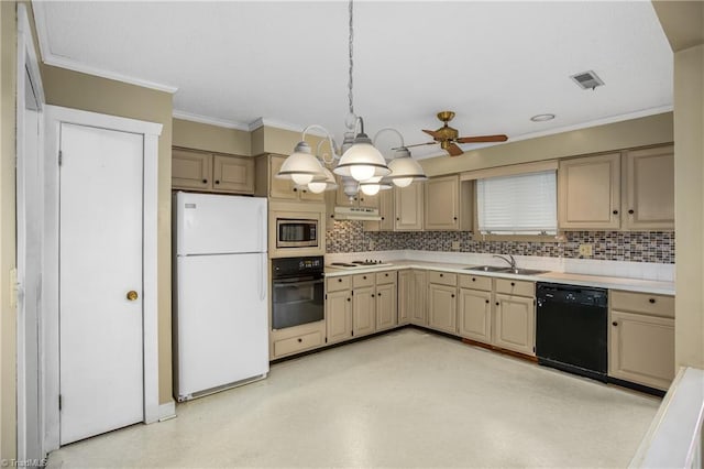 kitchen featuring sink, ornamental molding, black appliances, decorative backsplash, and decorative light fixtures