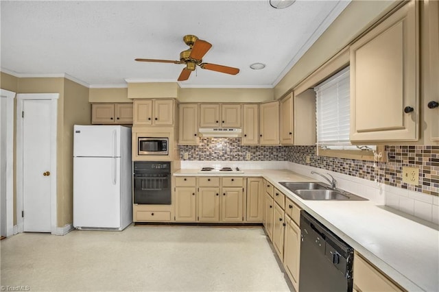 kitchen featuring tasteful backsplash, ornamental molding, sink, and black appliances