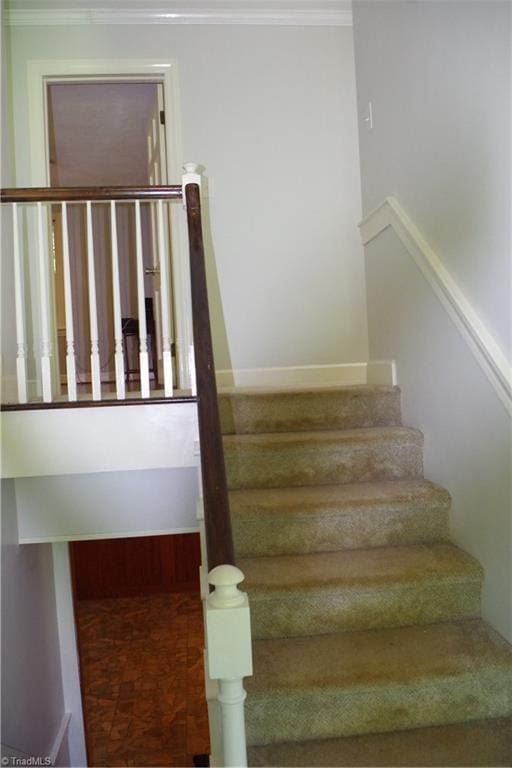 staircase featuring crown molding and parquet flooring