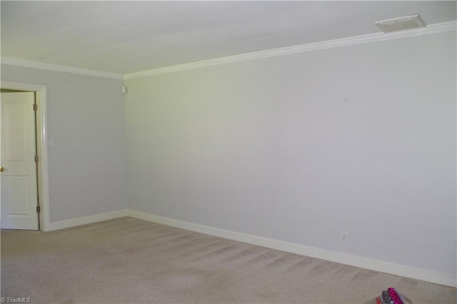 spare room with ornamental molding and carpet