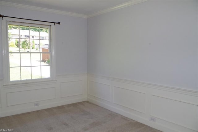 empty room with light colored carpet and crown molding