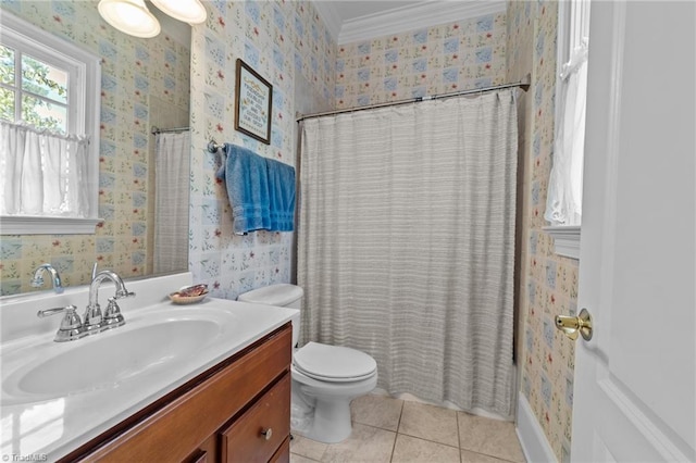 bathroom with crown molding, vanity, a shower with curtain, tile patterned floors, and toilet