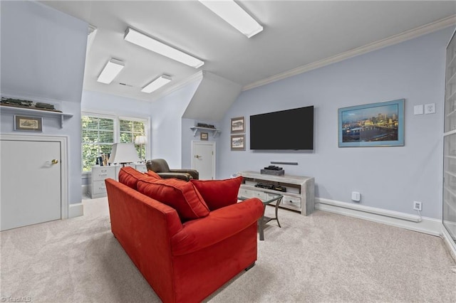 living room with crown molding, vaulted ceiling, and light carpet