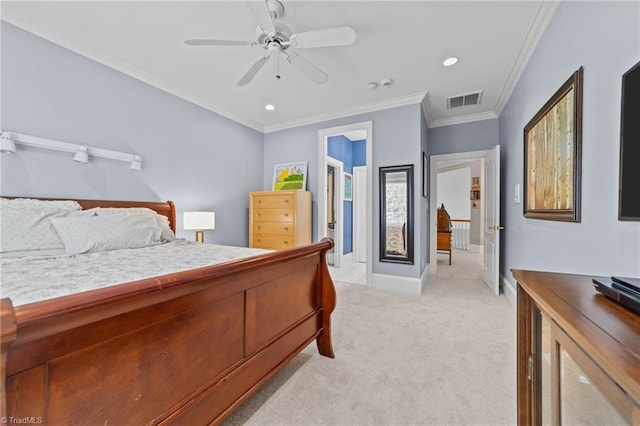 bedroom featuring ornamental molding, light colored carpet, and ceiling fan