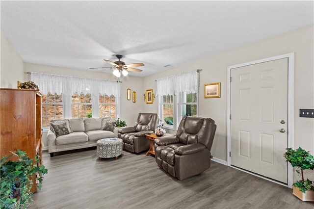 1595 Cheatham Ford Rd, Hiddenite, NC 28636 - living area featuring ceiling fan, a textured ceiling, and wood finished floors