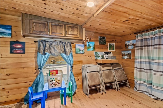 1595 Cheatham Ford Rd, Hiddenite, NC 28636 - interior space featuring light wood-style floors, wooden ceiling, and wooden walls
