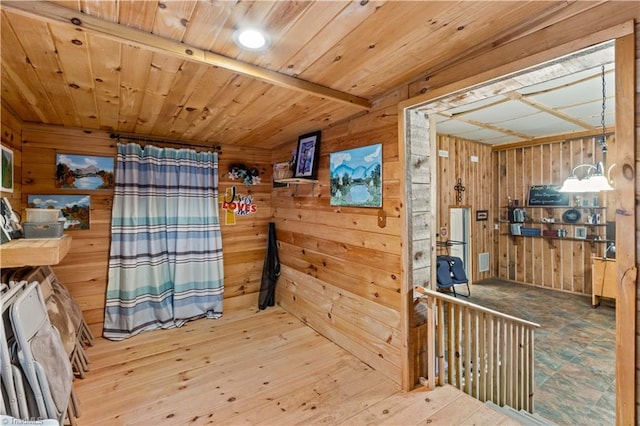 1595 Cheatham Ford Rd, Hiddenite, NC 28636 - bathroom featuring wooden walls, hardwood / wood-style floors, and wood ceiling