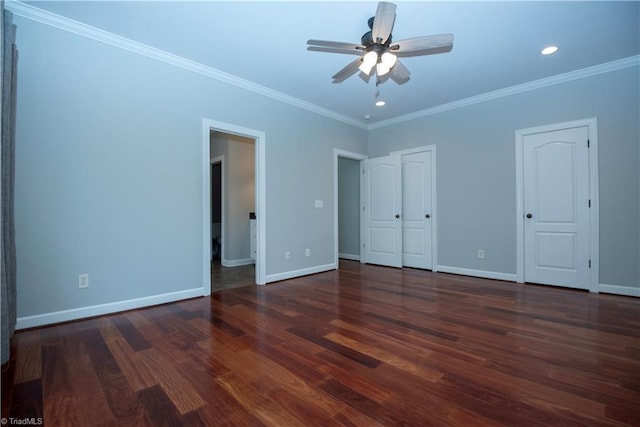 unfurnished bedroom featuring ceiling fan, dark hardwood / wood-style floors, and ornamental molding