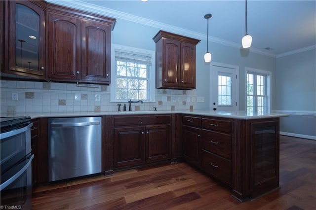 kitchen featuring hanging light fixtures, dark hardwood / wood-style flooring, sink, decorative backsplash, and stainless steel appliances