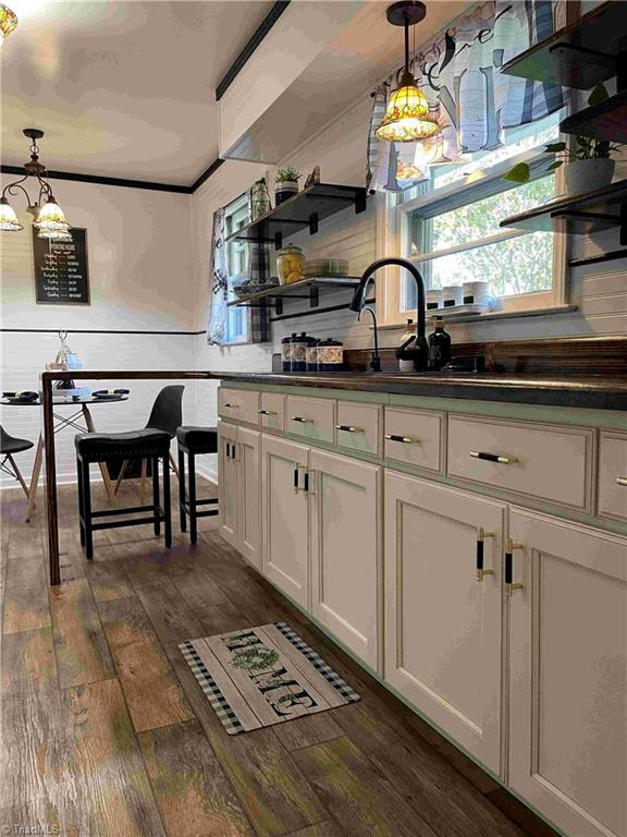 kitchen with white cabinets, dark hardwood / wood-style floors, and hanging light fixtures