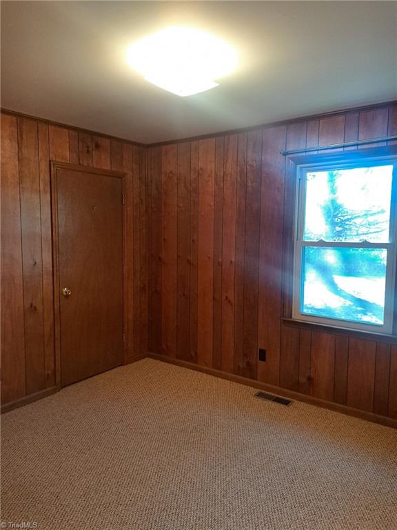 carpeted spare room with wooden walls