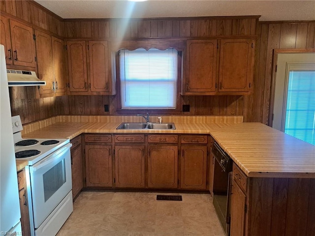 kitchen featuring electric range, sink, black dishwasher, kitchen peninsula, and wooden walls