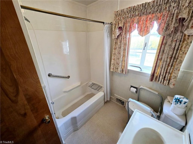 3015 S NC Highway 87, Graham, NC 27253 - full bathroom featuring toilet, tile walls, shower / tub combo, and ornamental molding