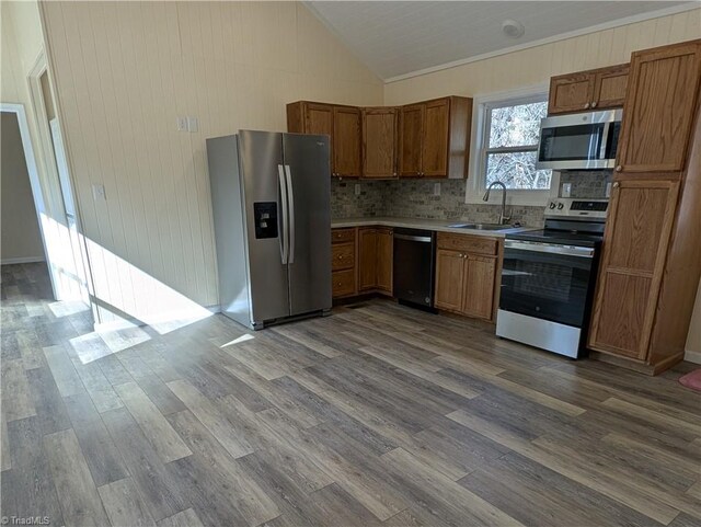 kitchen with tasteful backsplash, dark wood-style floors, lofted ceiling, stainless steel appliances, and a sink