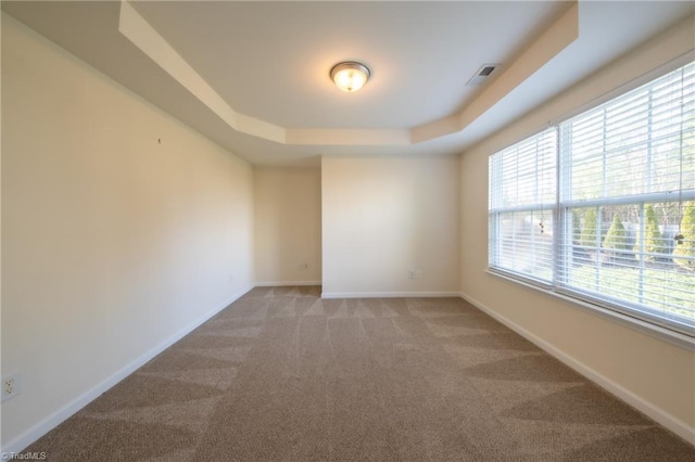 carpeted spare room with a tray ceiling