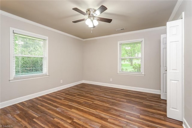 5170 Sunrise Ter, Winston-Salem, NC 27105 - unfurnished room with visible vents, baseboards, ornamental molding, and dark wood finished floors