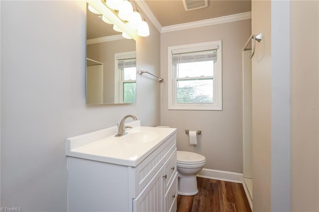 5170 Sunrise Ter, Winston-Salem, NC 27105 - bathroom with crown molding, vanity, visible vents, toilet, and wood finished floors