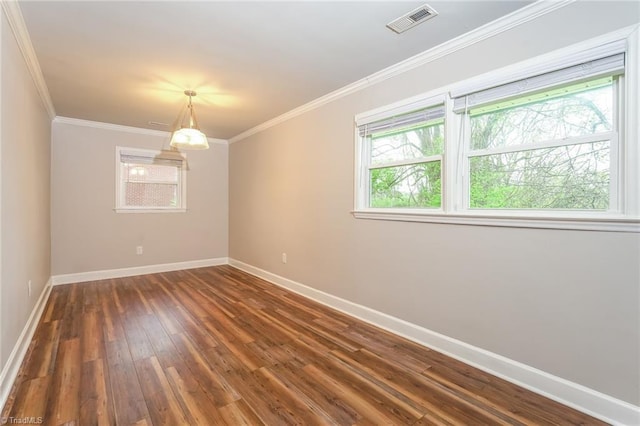 5170 Sunrise Ter, Winston-Salem, NC 27105 - empty room with visible vents, baseboards, crown molding, and dark wood finished floors