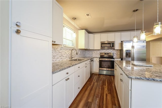5170 Sunrise Ter, Winston-Salem, NC 27105 - kitchen with dark wood-style floors, visible vents, a sink, stainless steel appliances, and backsplash