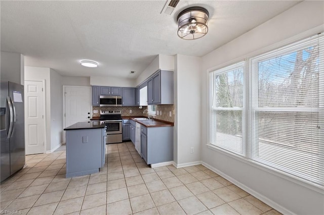 kitchen with stainless steel appliances, dark countertops, tasteful backsplash, a kitchen island, and a sink