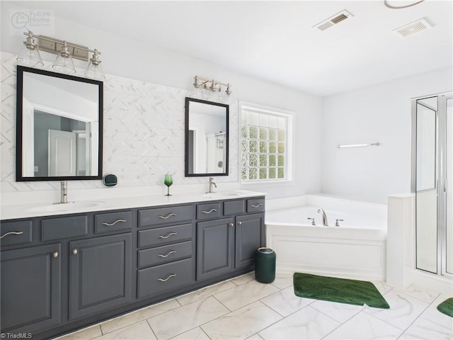 1728 Callandale Ave, Cary, NC 27518 - full bath featuring a bath, double vanity, a shower stall, and marble finish floors