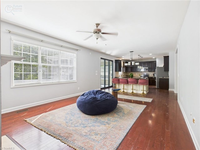 1728 Callandale Ave, Cary, NC 27518 - living area with a ceiling fan, dark wood finished floors, baseboards, and recessed lighting