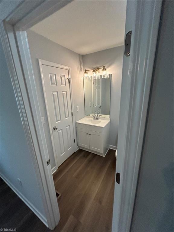 bathroom with wood-type flooring and vanity