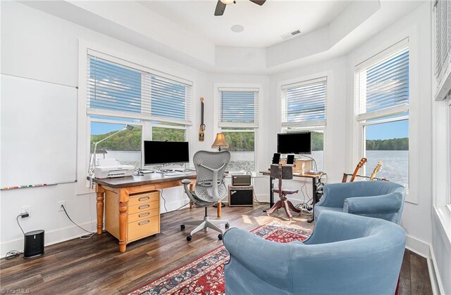 602 Shoreline Rd, New London, NC 28127 - office area featuring dark wood-type flooring, a ceiling fan, plenty of natural light, and baseboards
