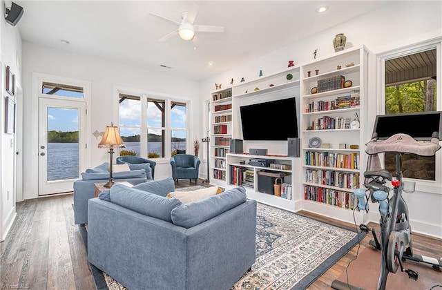 602 Shoreline Rd, New London, NC 28127 - living area featuring a ceiling fan, wood finished floors, plenty of natural light, and recessed lighting
