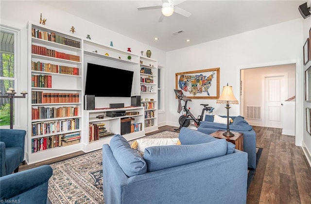 602 Shoreline Rd, New London, NC 28127 - living area featuring wood finished floors, ceiling fan, recessed lighting, built in shelves, and baseboards