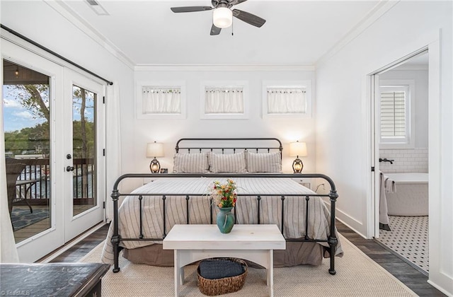 602 Shoreline Rd, New London, NC 28127 - bedroom featuring ornamental molding, access to exterior, multiple windows, wood finished floors, and connected bathroom