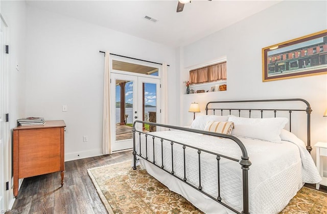 602 Shoreline Rd, New London, NC 28127 - bedroom with access to outside, wood finished floors, french doors, baseboards, and a ceiling fan