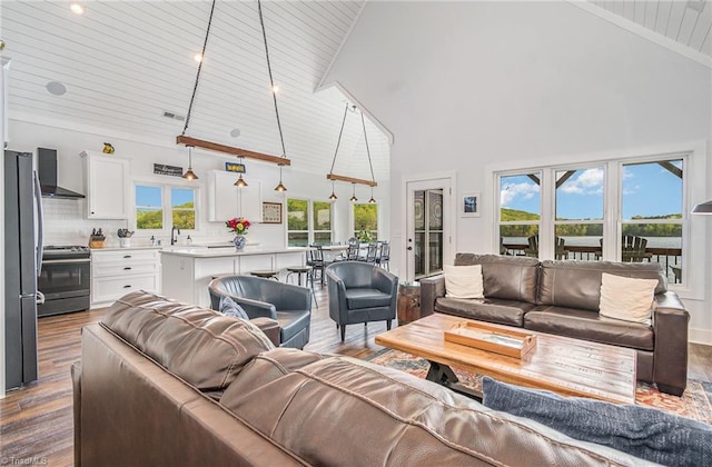 602 Shoreline Rd, New London, NC 28127 - living area featuring high vaulted ceiling, wood finished floors, and wooden ceiling