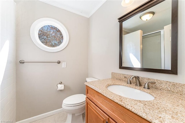 bathroom featuring toilet, a shower with door, ornamental molding, tile patterned floors, and vanity