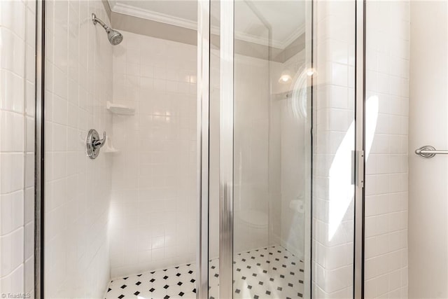 full bathroom with crown molding and a shower stall