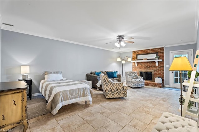 396 Bent Creek Trl, Kernersville, NC 27284 - bedroom featuring crown molding, light stone finish floors, a fireplace, and ceiling fan