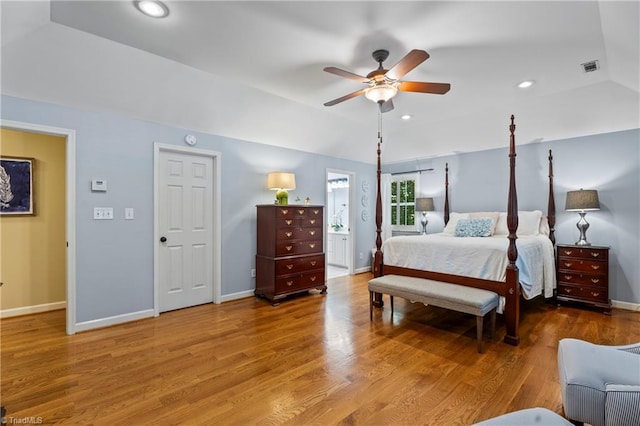 396 Bent Creek Trl, Kernersville, NC 27284 - bedroom featuring wood finished floors, lofted ceiling, recessed lighting, connected bathroom, and ceiling fan