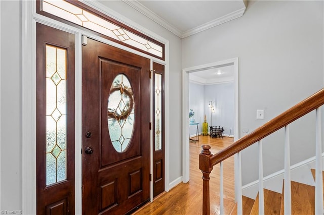 396 Bent Creek Trl, Kernersville, NC 27284 - entrance foyer with ornamental molding, wood finished floors, and stairway