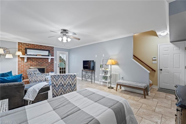 396 Bent Creek Trl, Kernersville, NC 27284 - living area featuring crown molding, a ceiling fan, a brick fireplace, and stairway