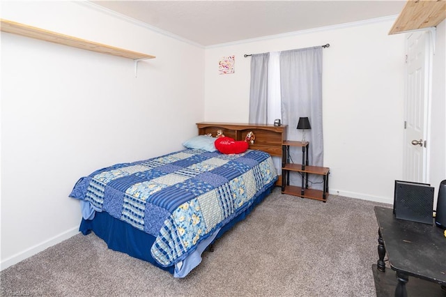 bedroom with crown molding and carpet